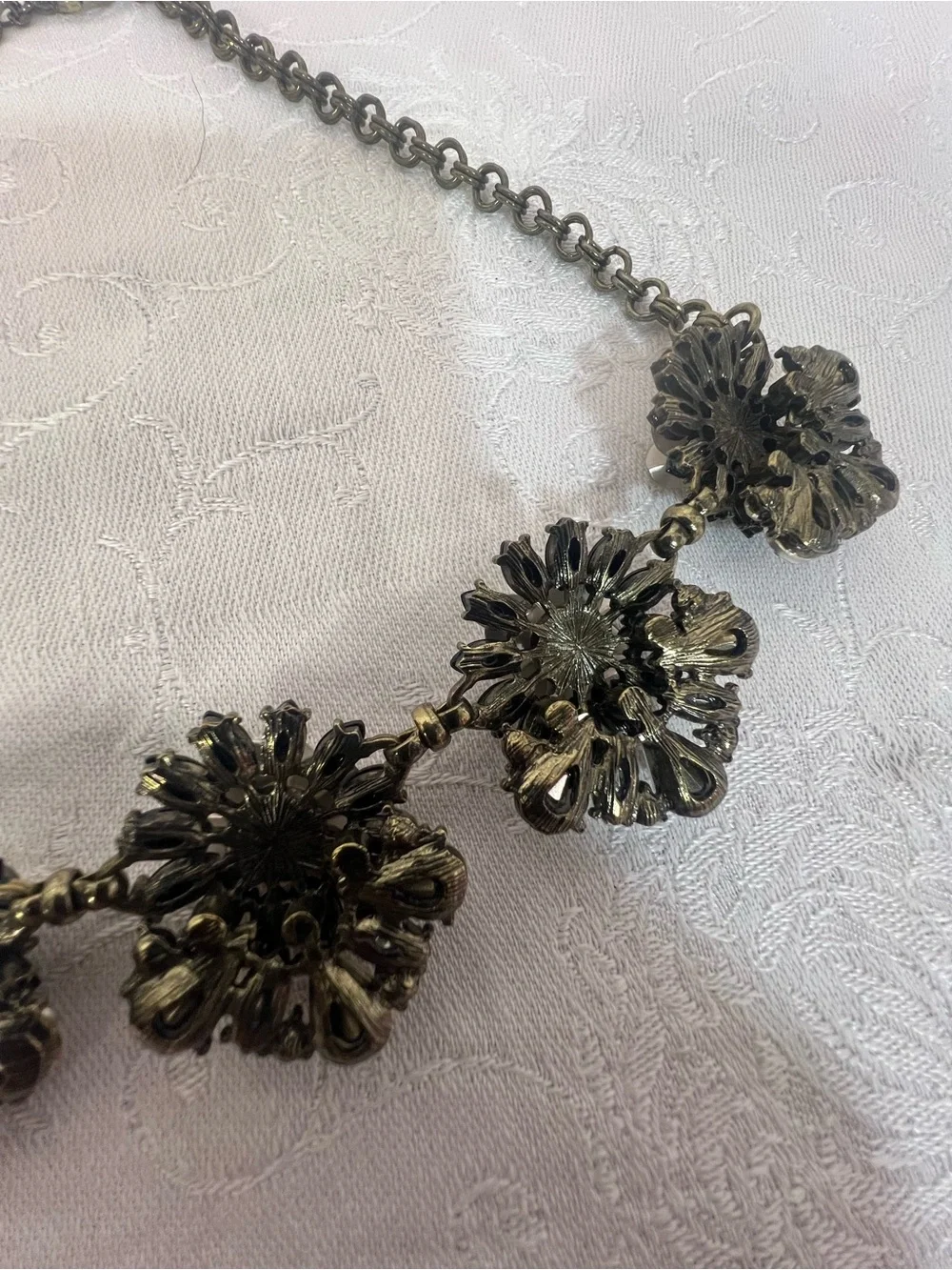 Vintage Necklace Flower Pendants White Enamel Petals Rhinestones Crystal Stones